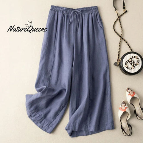 Dropping Cotton And Linen Cropped Wide - Leg Pants Blue / S