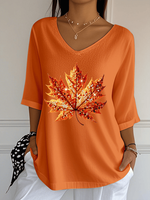 Women's Sequined Maple Leaf Pumpkin Printed Jacquard Fabric Casual V-Neck Top