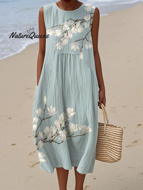 Women's Elegant Floral Print Cotton and Linen Dress