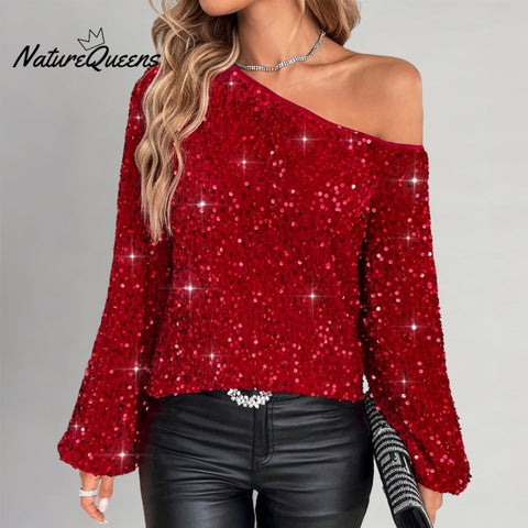 Women's Party Red Sequin One Shoulder Long Flare Sleeve Top