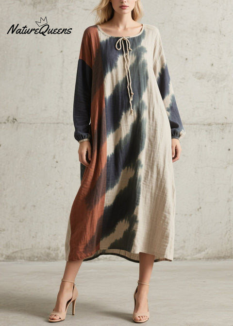 Original Design O Neck Tie Dye Cotton Maxi Dresses Fall