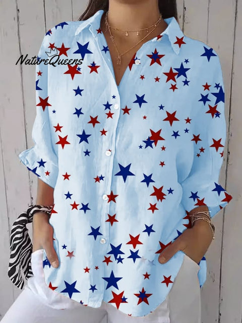 Women's Fashion Casual Independence Day Star Printed Cotton and Linen Shirt