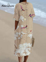 Women's Japanese Art Floral Bird Print Pocket Linen Dress(Convertible Dress With Front And Back Option)