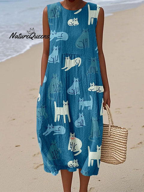 Lovely Cats Pattern Print Linen Tank Dress