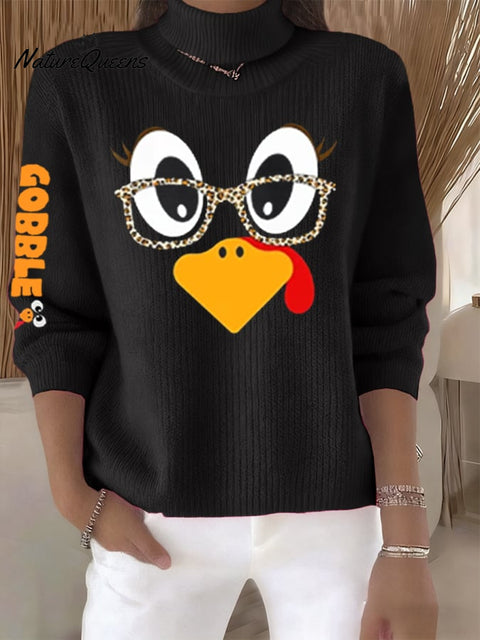 Women's Retro Thanksgiving Turkey Print Turtleneck Knit Top