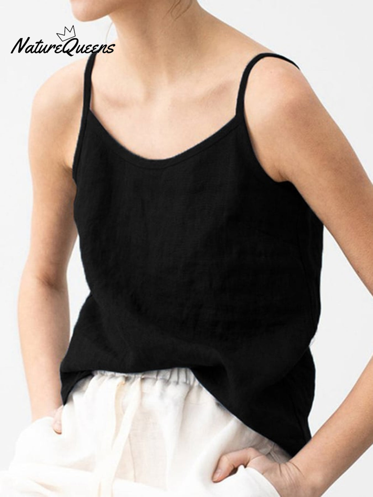 Ladies Cotton Linen V-Neck Casual Camisole Black / S