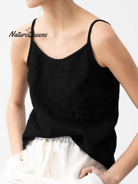 Ladies Cotton Linen V-Neck Casual Camisole Black / S