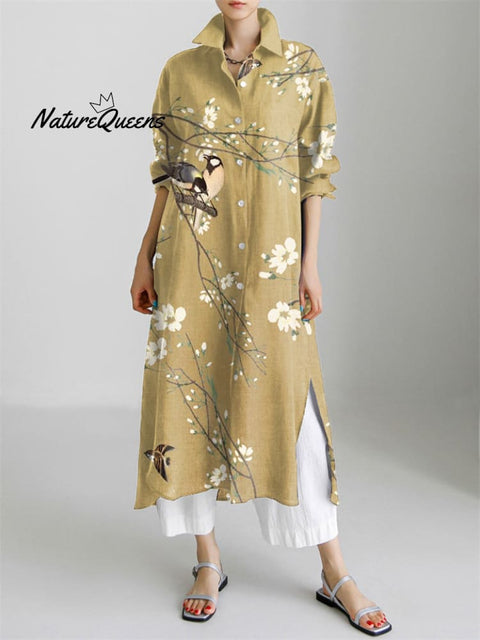 Bird and Flower Art Pattern Long Sleeve Slit Shirt Dress