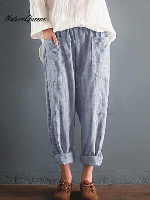 Stripes Elastic Waist Pocket Comfy Pants