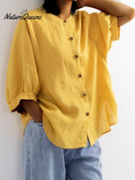 Women's Solid Color Lantern Sleeve Retro Loose Medium Sleeve Cotton Linen Shirt