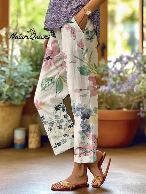 Women’s Botanical Floral Design Loose Pocket Patchwork Casual Pants Apricot / S