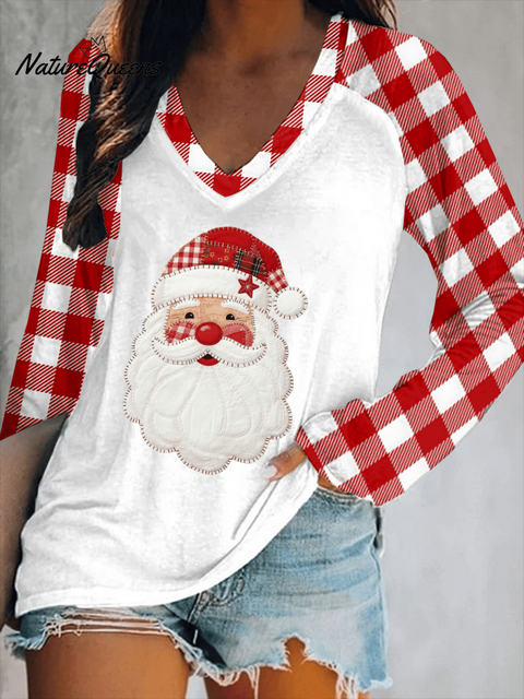 Women's Santa Claus Check Print V-Neck T-Shirt