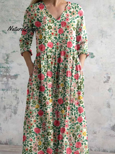 Women's Elegant Pastoral Rose Floral Cotton and Linen Dress with Pockets