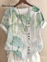 Spring And Summer New Retro Cotton Linen Fashion Plant Flower Printing Loose Casual Lining Round