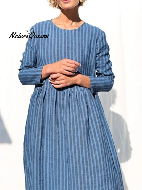 Women's Casual Solid Color Round Neck Long Sleeve Striped Print Dress