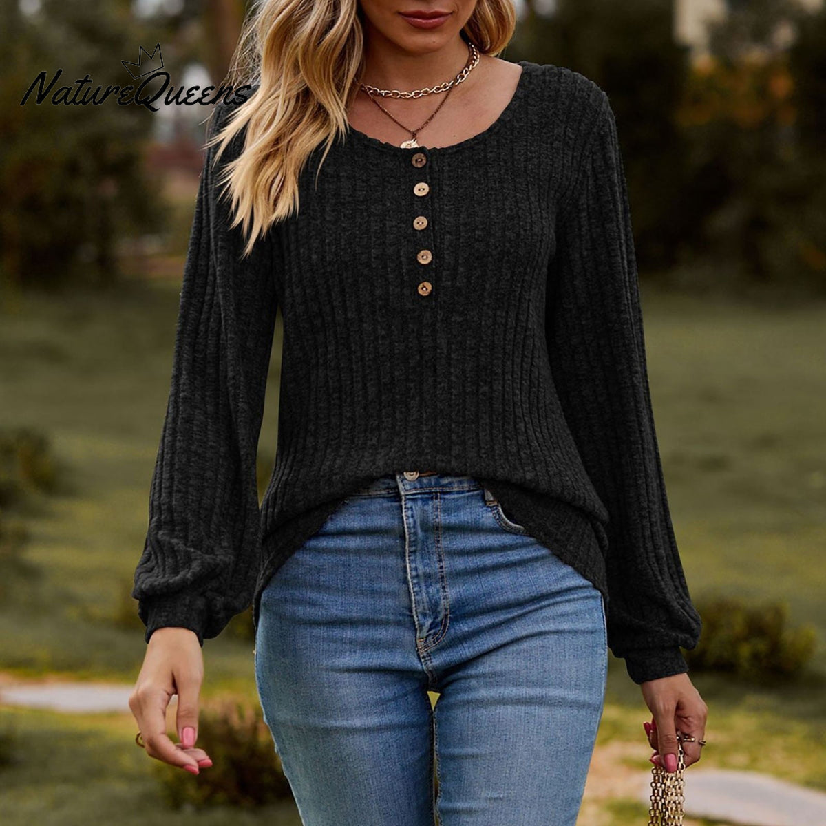 Women's Fall Button Scoop Neck Puff Long Sleeve Henley Shirts