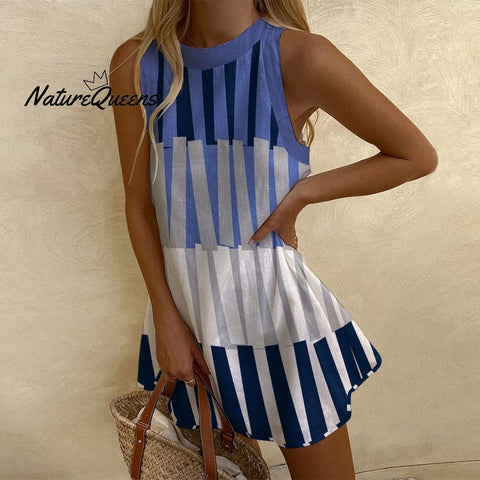 Women's Sleeveless Blue Stripe Printed Dress