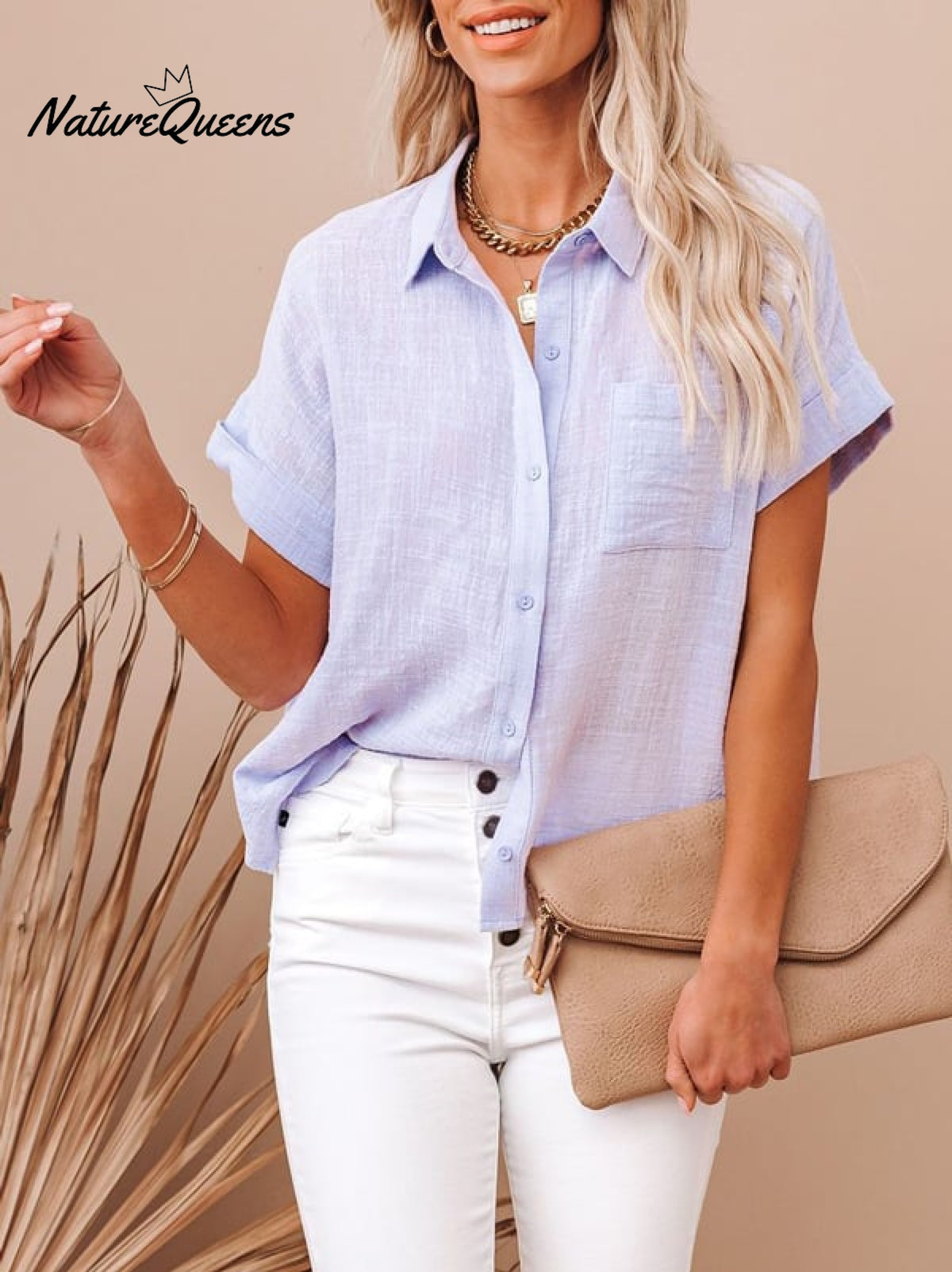 Women’s Cotton Linen Short Sleeves Ladies Lapel Buttoned Shirt Light Purple / S