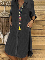 Casual Denim Solid Turndown Collar Singe Breasted Pockets Midi Dress Dark Grey / S