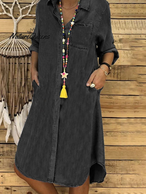Casual Denim Solid Turndown Collar Singe Breasted Pockets Midi Dress Dark Grey / S
