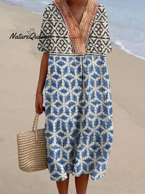 Indigo Ethnic Geometric Natural Block Print Flowy Linen Dress