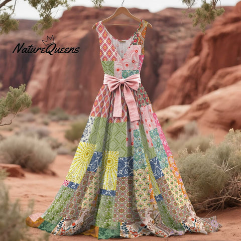 Women's Floral Patchwork Art Linen Tank Midi Dress£¨belt Not Included£©