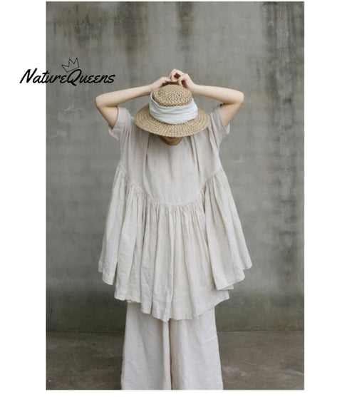 Women cotton linen tops, loose linen blouses ,oversized shirt, plus size clothing, custom hand made clothing boho Pleated long tops N128