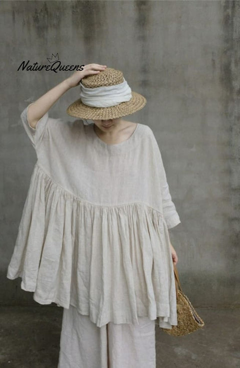 Women cotton linen tops, loose linen blouses ,oversized shirt, plus size clothing, custom hand made clothing boho Pleated long tops N128