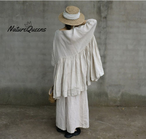 Women cotton linen tops, loose linen blouses ,oversized shirt, plus size clothing, custom hand made clothing boho Pleated long tops N128