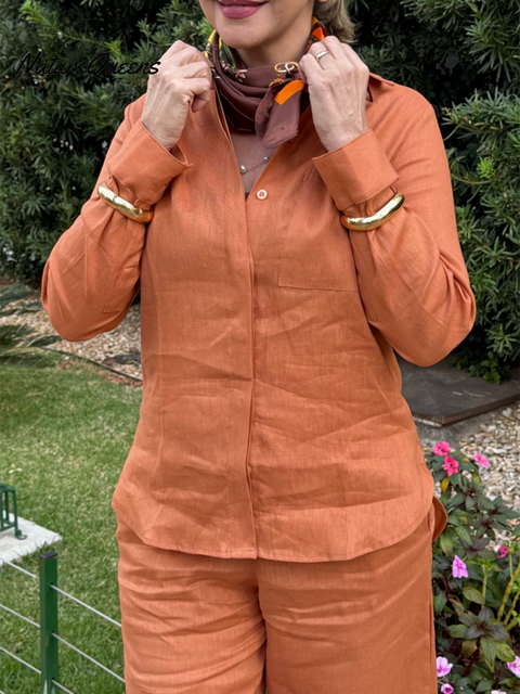 Women's Solid Color Linen Shirt and Pants Two-piece Set