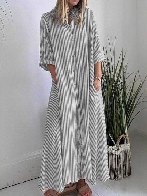 Striped Lapel Button-Down Maxi Dress