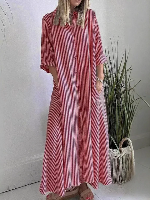 Striped Lapel Button-Down Maxi Dress