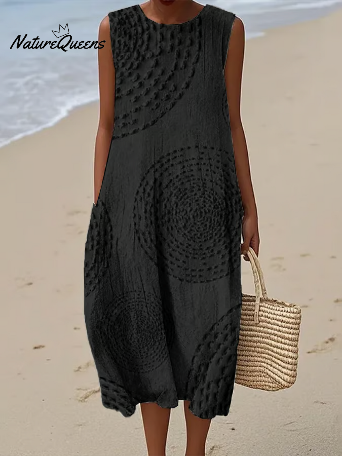 Women's Vintage Abstract Geometric Art PrintSleeveless Cotton Pocket Wrap Dress