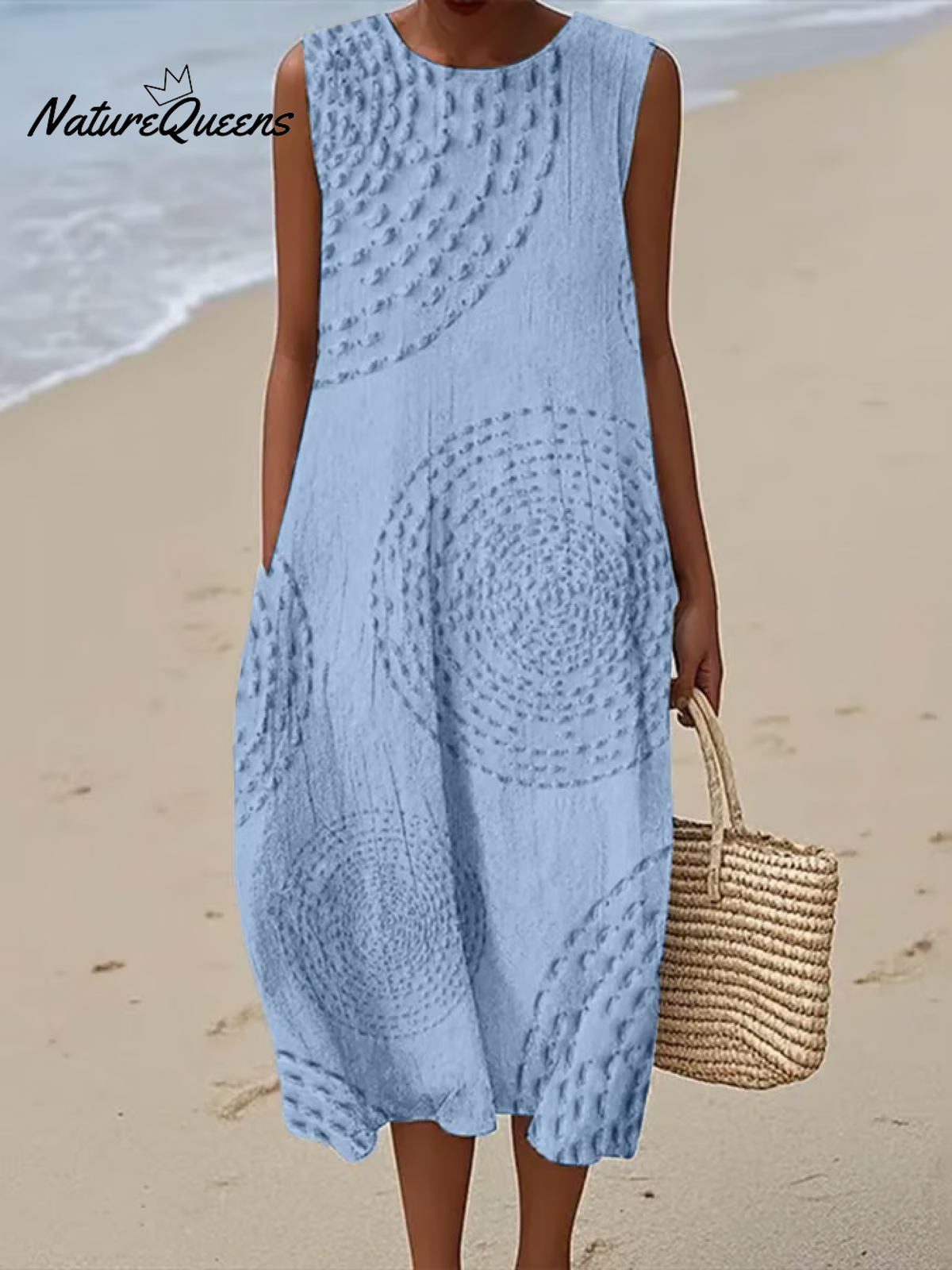 Women's Vintage Abstract Geometric Art PrintSleeveless Cotton Pocket Wrap Dress