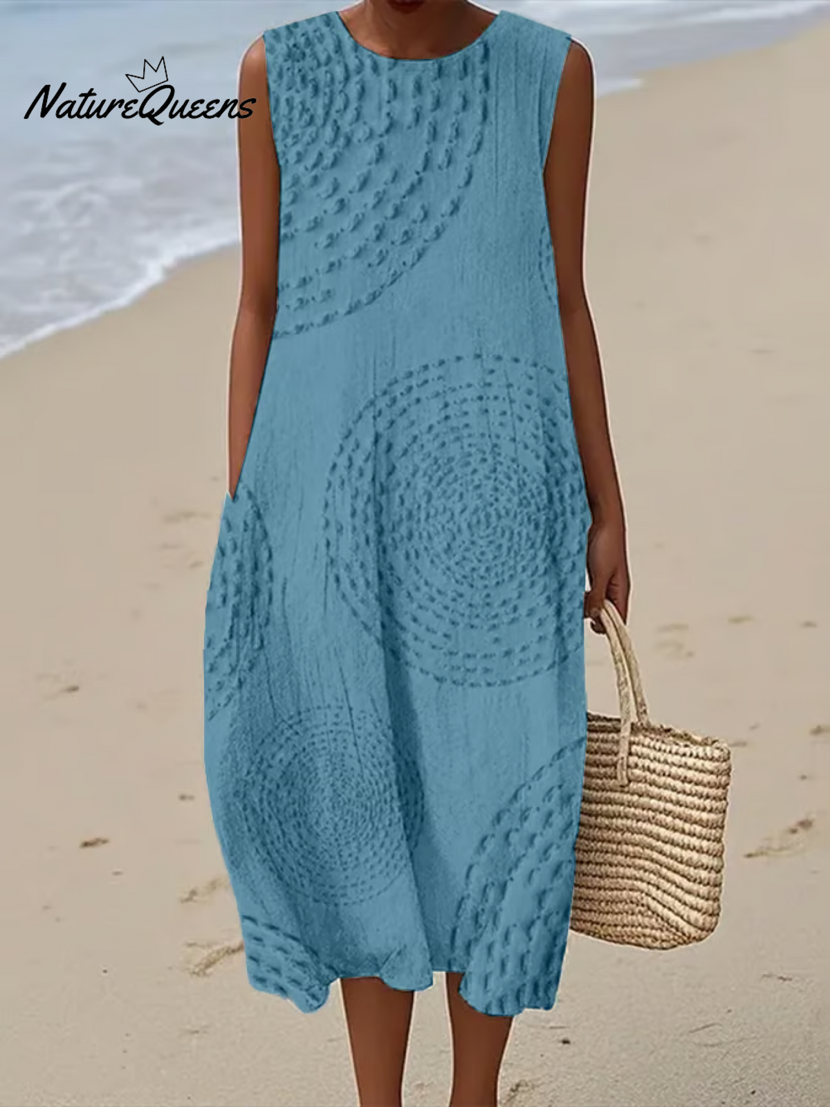 Women's Vintage Abstract Geometric Art PrintSleeveless Cotton Pocket Wrap Dress