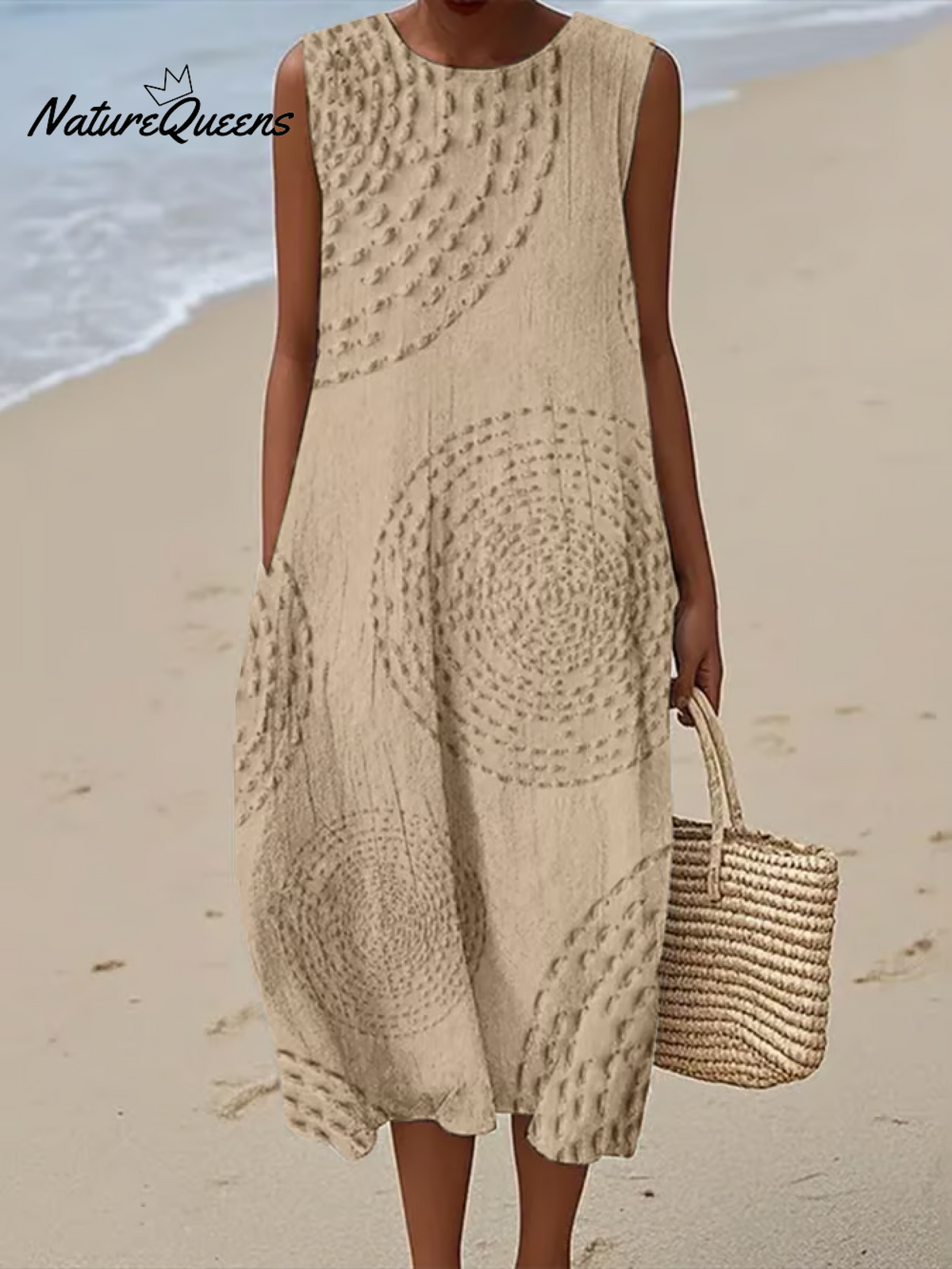 Women's Vintage Abstract Geometric Art PrintSleeveless Cotton Pocket Wrap Dress