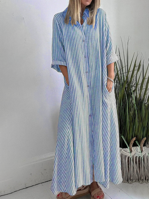 Striped Lapel Button-Down Maxi Dress