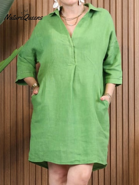 Women's V-neck Pocket Cotton and Linen Dress