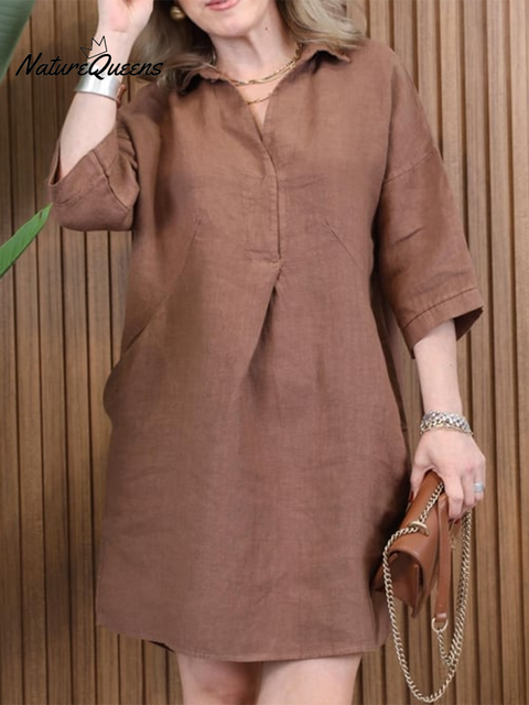Women's V-neck Pocket Cotton and Linen Dress