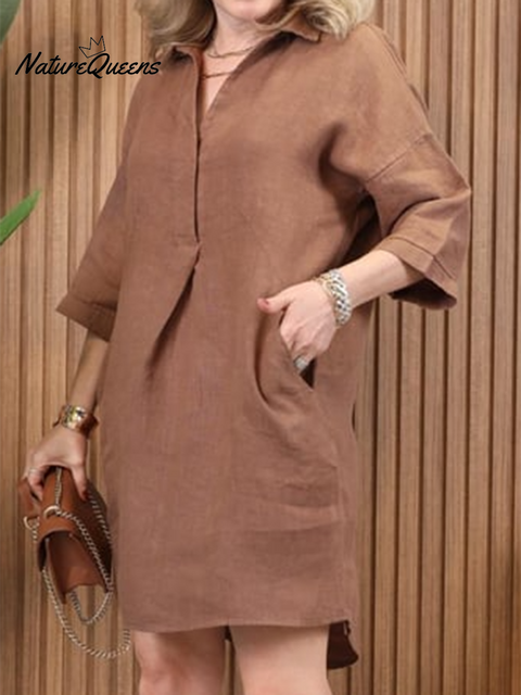 Women's V-neck Pocket Cotton and Linen Dress