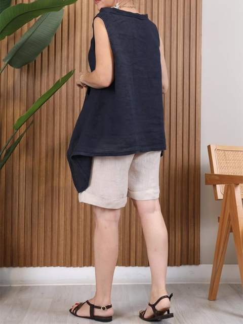 Lapel Buttoned Irregular Hem Linen Top