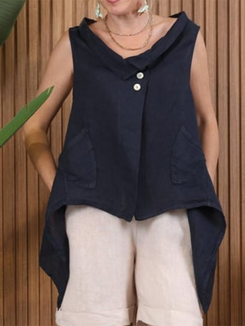 Lapel Buttoned Irregular Hem Linen Top