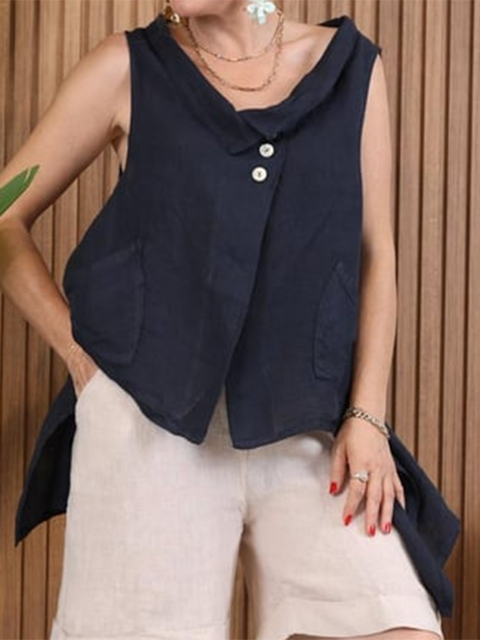 Lapel Buttoned Irregular Hem Linen Top