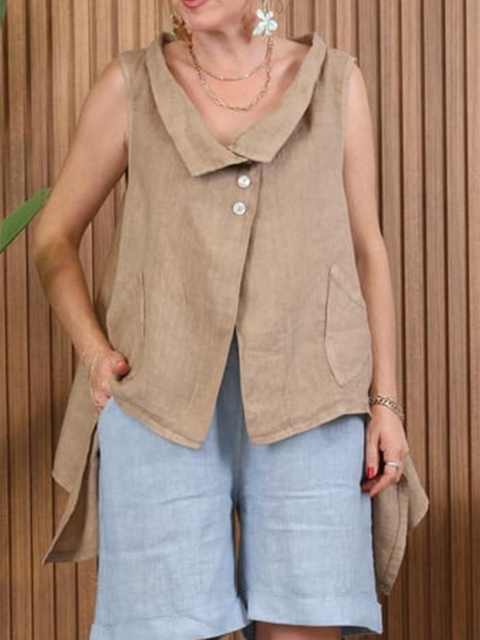 Lapel Buttoned Irregular Hem Linen Top