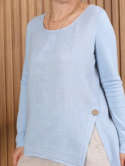 Women's Long Sleeve Button Slit Linen Top
