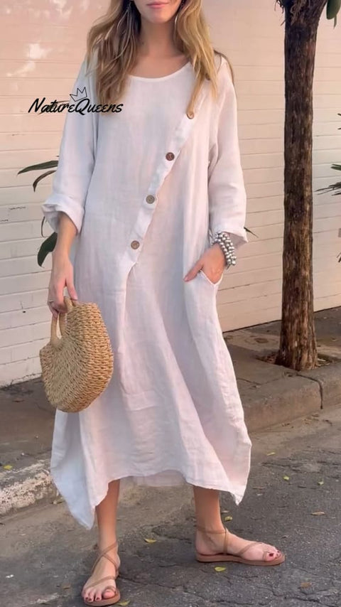 Women's Round Neck Long Sleeve Button Casual Cotton and Linen Dress