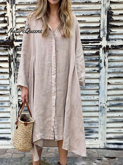 Women's Lapel Solid Color Cotton and Linen Shirt Dress