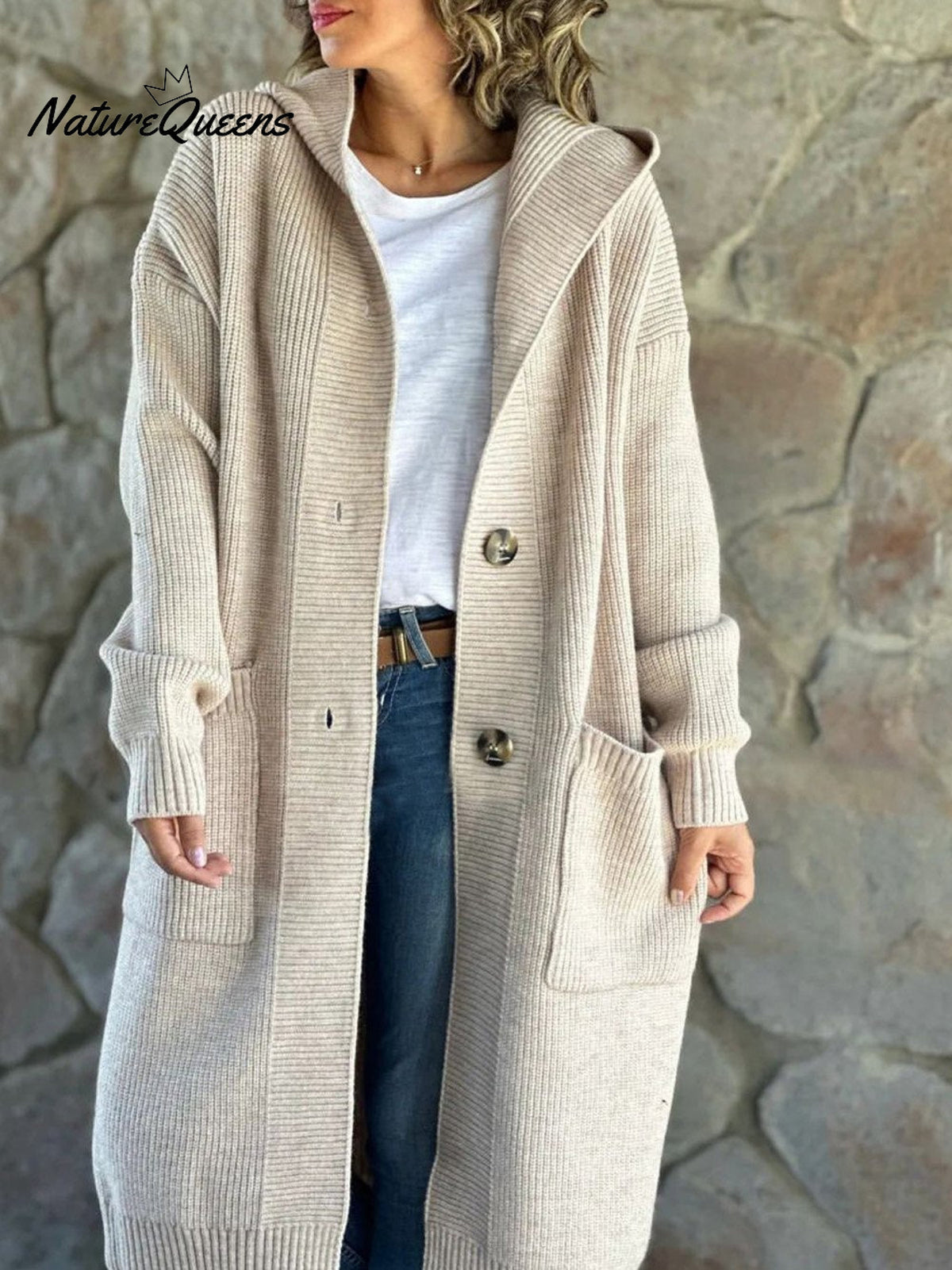 Women's Solid Color Knitted Sweater Hooded Long Coat