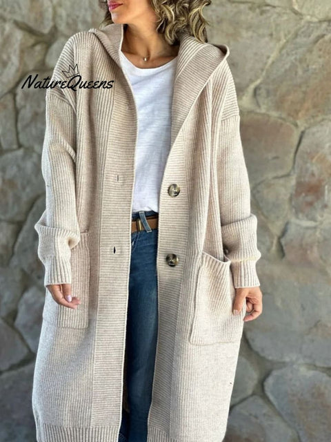 Women's Solid Color Knitted Sweater Hooded Long Coat