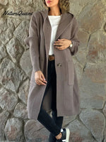 Women's Solid Color Knitted Sweater Hooded Long Coat